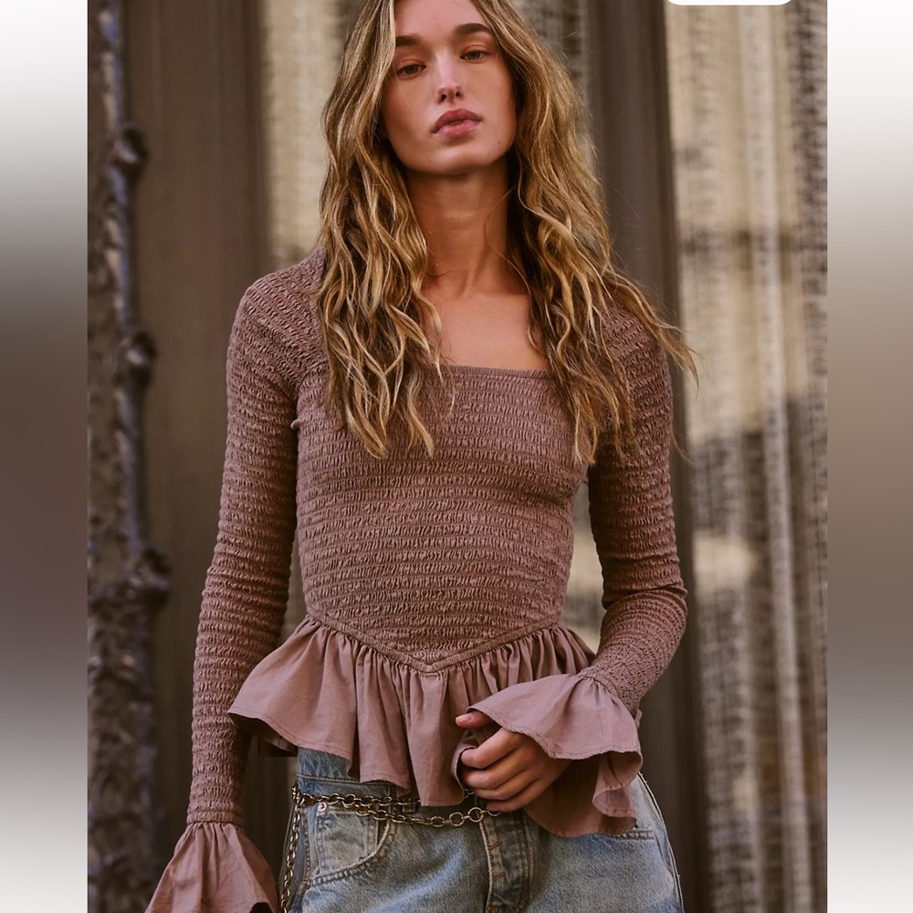 Free People Tropical Vibes Smocked Peplum Long Sleeve Top-Brown